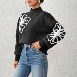 Half-neck lantern-sleeve pullover sweater casual and fashionable sweater three-dimensional ribbon-stitched flower sweater