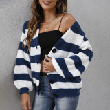 Fall and winter cardigan sweaters casual and fashionable sweaters color-blocked striped buttoned machine-woven sweaters