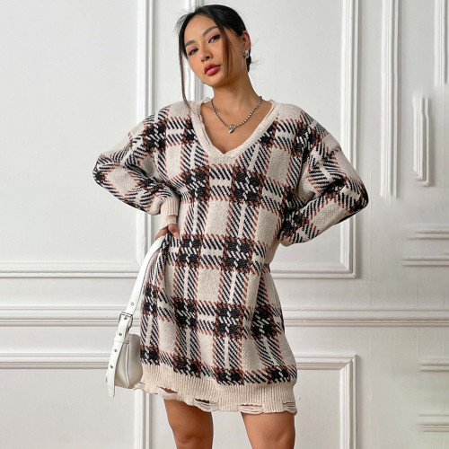 Winter and autumn thick sweater casual and fashionable sweater color-blocked checkered long-sleeved sweater