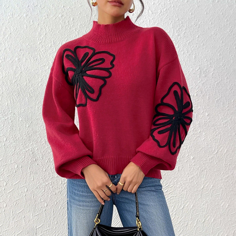 Half-neck lantern-sleeve pullover sweater casual and fashionable sweater three-dimensional ribbon-stitched flower sweater