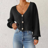 Deep V short-sleeved loose sweater casual and fashionable sweater solid-color button-up cardigan sweater