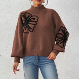Half-neck lantern-sleeve pullover sweater casual and fashionable sweater three-dimensional ribbon-stitched flower sweater