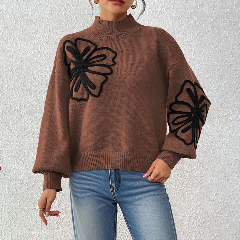 Half-neck lantern-sleeve pullover sweater casual and fashionable sweater three-dimensional ribbon-stitched flower sweater