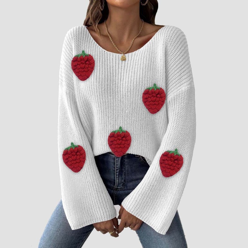 Strawberry three-dimensional patchwork sweater casual and fashionable sweater V-neck sleeveless flared sleeve sweater