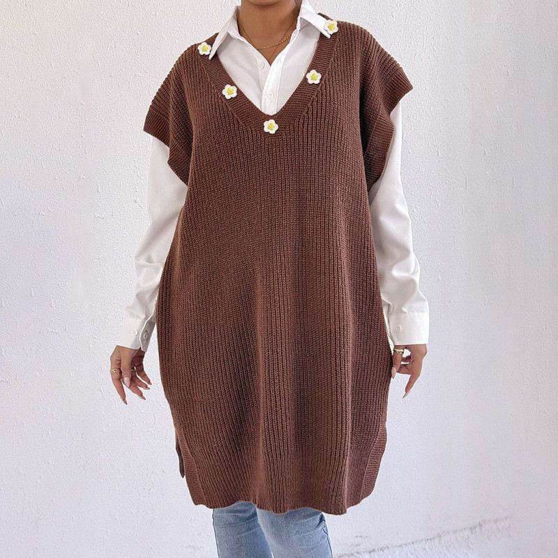 Hand-knitted flower-patterned patchwork sweater casual and fashionable sweater loose blazer-style skirt with deep V-neck top sweater