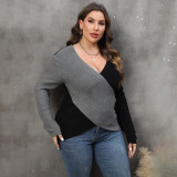 Fall and winter oversized sweater casual and fashionable sweater color-blocked deep V cross-over sexy sweater