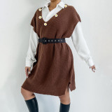 Hand-knitted flower-patterned patchwork sweater casual and fashionable sweater loose blazer-style skirt with deep V-neck top sweater