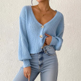 Deep V short-sleeved loose sweater casual and fashionable sweater solid-color button-up cardigan sweater