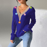 Lace V-neck pullover sweater casual and fashionable sweater hand-knitted patchwork floral base layer sweater
