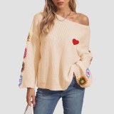 One-shoulder loose cardigan with a V-neck sweater casual and fashionable sweater multi-color crochet pullover sweater