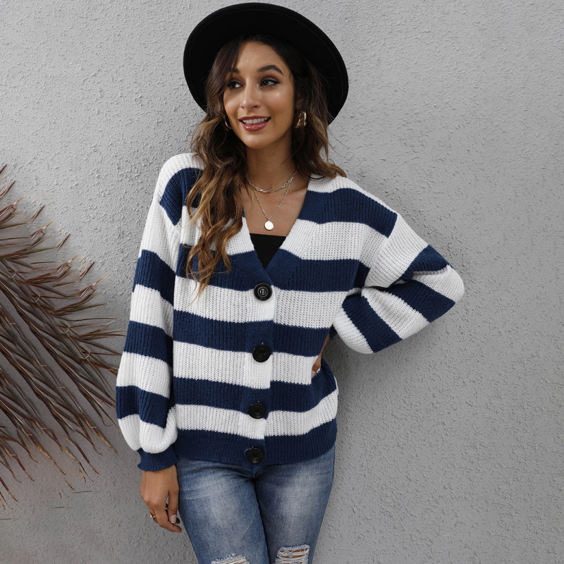 Fall and winter cardigan sweaters casual and fashionable sweaters color-blocked striped buttoned machine-woven sweaters