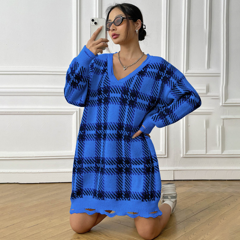 Winter and autumn thick sweater casual and fashionable sweater color-blocked checkered long-sleeved sweater