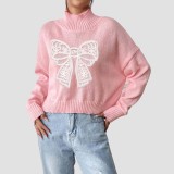 Short high-neck pullover sweater casual and fashionable sweater embroidered bow patch quilted base layer sweater