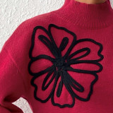 Half-neck lantern-sleeve pullover sweater casual and fashionable sweater three-dimensional ribbon-stitched flower sweater