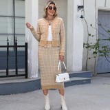 Contrasting color checkered sweater casual and fashionable sweater lady's cardigan + hourglass-shaped skirt two-piece sweater set