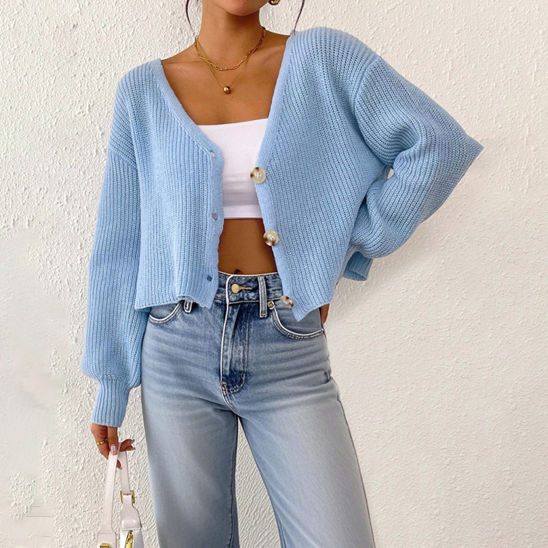 Deep V short-sleeved loose sweater casual and fashionable sweater solid-color button-up cardigan sweater