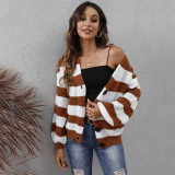Fall and winter cardigan sweaters casual and fashionable sweaters color-blocked striped buttoned machine-woven sweaters