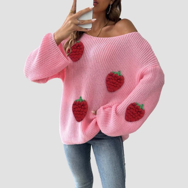 Strawberry three-dimensional patchwork sweater casual and fashionable sweater V-neck sleeveless flared sleeve sweater