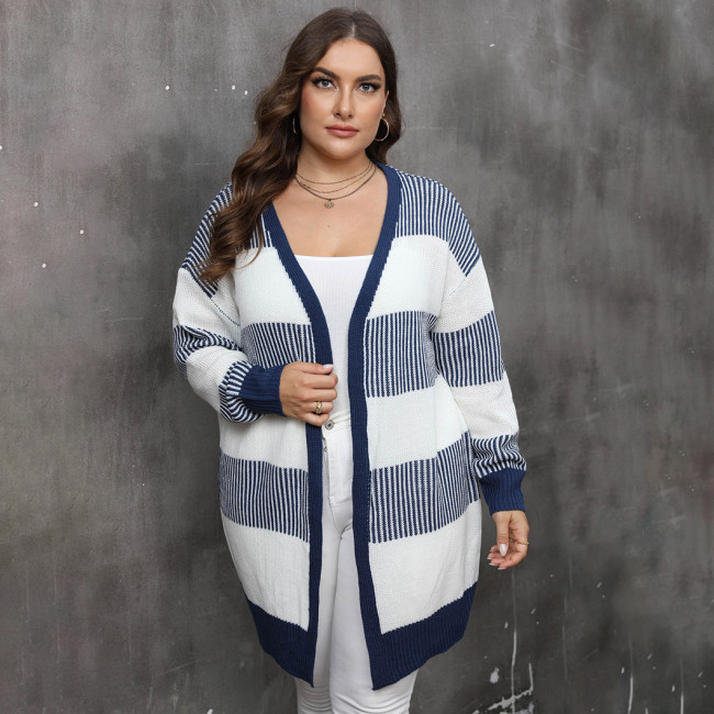 Loose oversized cardigan sweater casual and fashionable sweater color-blocked machine-woven sweater with contrasting stripes