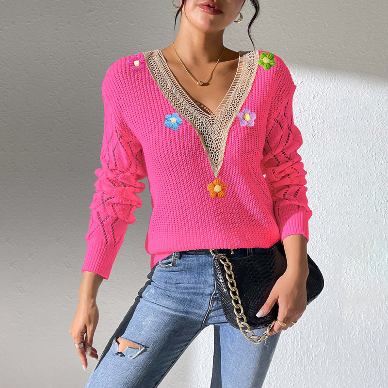 Lace V-neck pullover sweater casual and fashionable sweater hand-knitted patchwork floral base layer sweater
