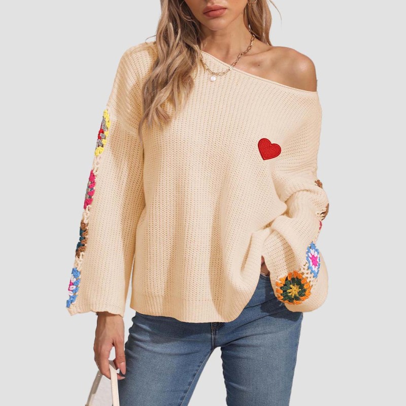 One-shoulder loose cardigan with a V-neck sweater casual and fashionable sweater multi-color crochet pullover sweater