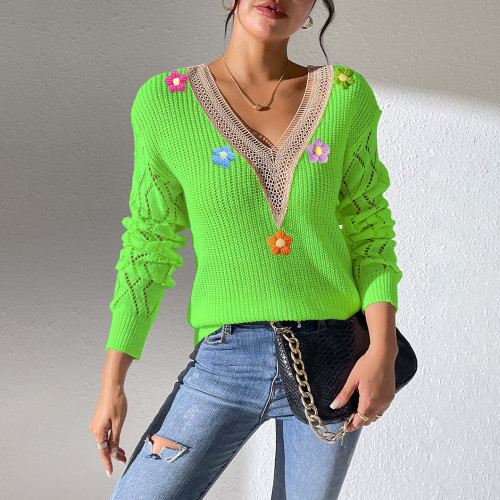 Lace V-neck pullover sweater casual and fashionable sweater hand-knitted patchwork floral base layer sweater