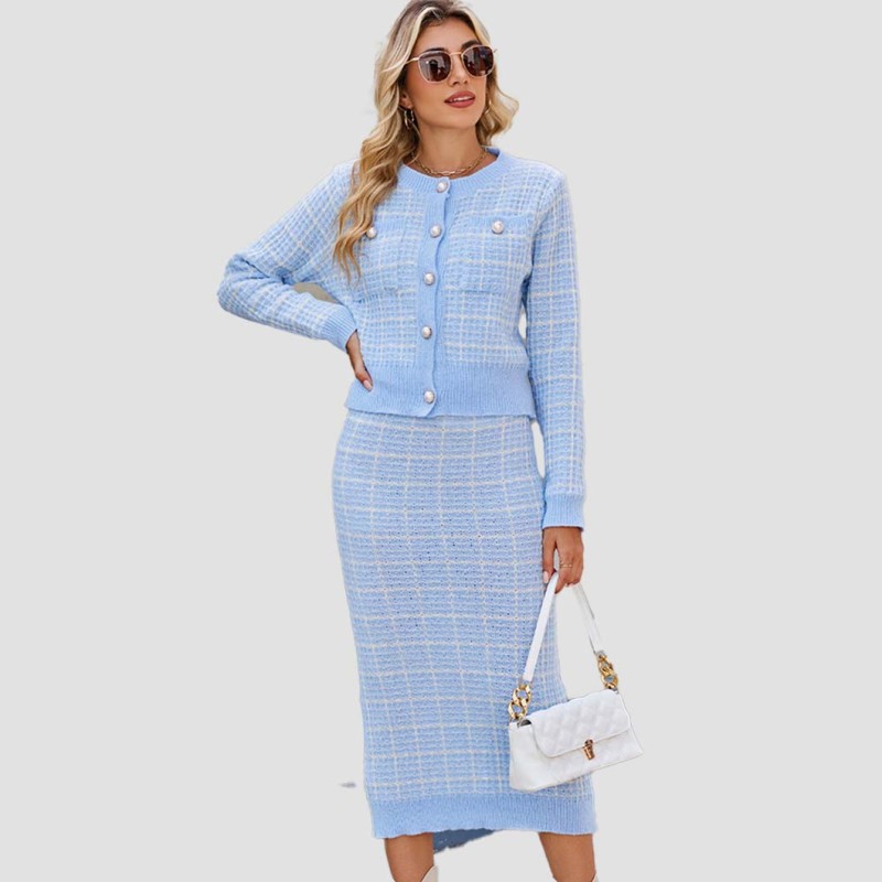 Contrasting color checkered sweater casual and fashionable sweater lady's cardigan + hourglass-shaped skirt two-piece sweater set