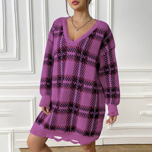 Winter and autumn thick sweater casual and fashionable sweater color-blocked checkered long-sleeved sweater