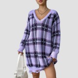 Winter and autumn thick sweater casual and fashionable sweater color-blocked checkered long-sleeved sweater