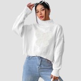 Short high-neck pullover sweater casual and fashionable sweater embroidered bow patch quilted base layer sweater
