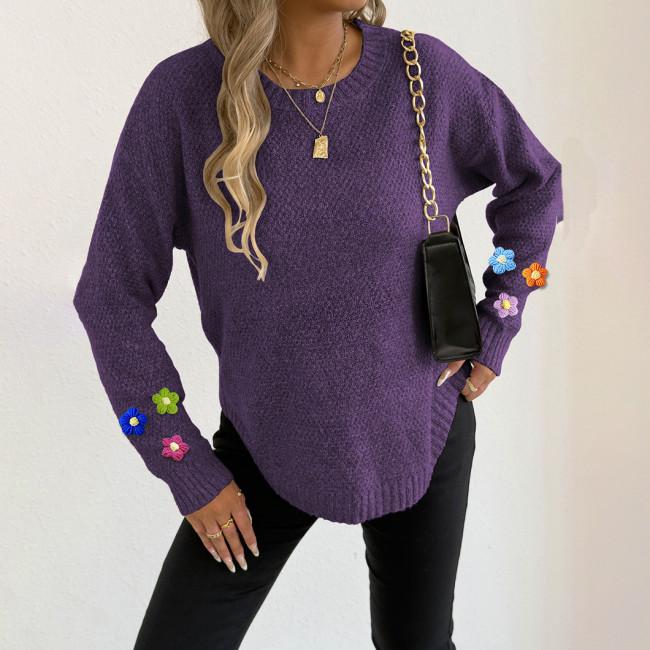 Round-neck pullover sweater casual and fashionable sweater hand-knitted patchwork long-sleeved sweater