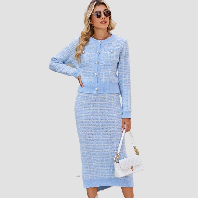 Contrasting color checkered sweater casual and fashionable sweater lady's cardigan + hourglass-shaped skirt two-piece sweater set