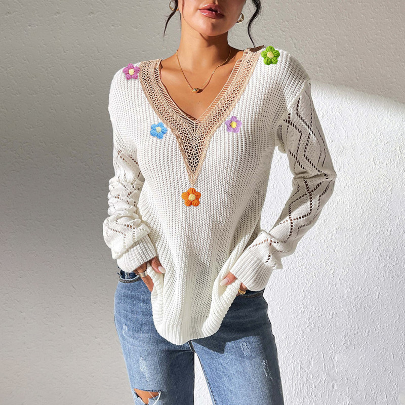Lace V-neck pullover sweater casual and fashionable sweater hand-knitted patchwork floral base layer sweater