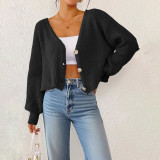 Deep V short-sleeved loose sweater casual and fashionable sweater solid-color button-up cardigan sweater