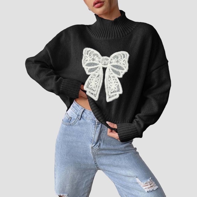 Short high-neck pullover sweater casual and fashionable sweater embroidered bow patch quilted base layer sweater