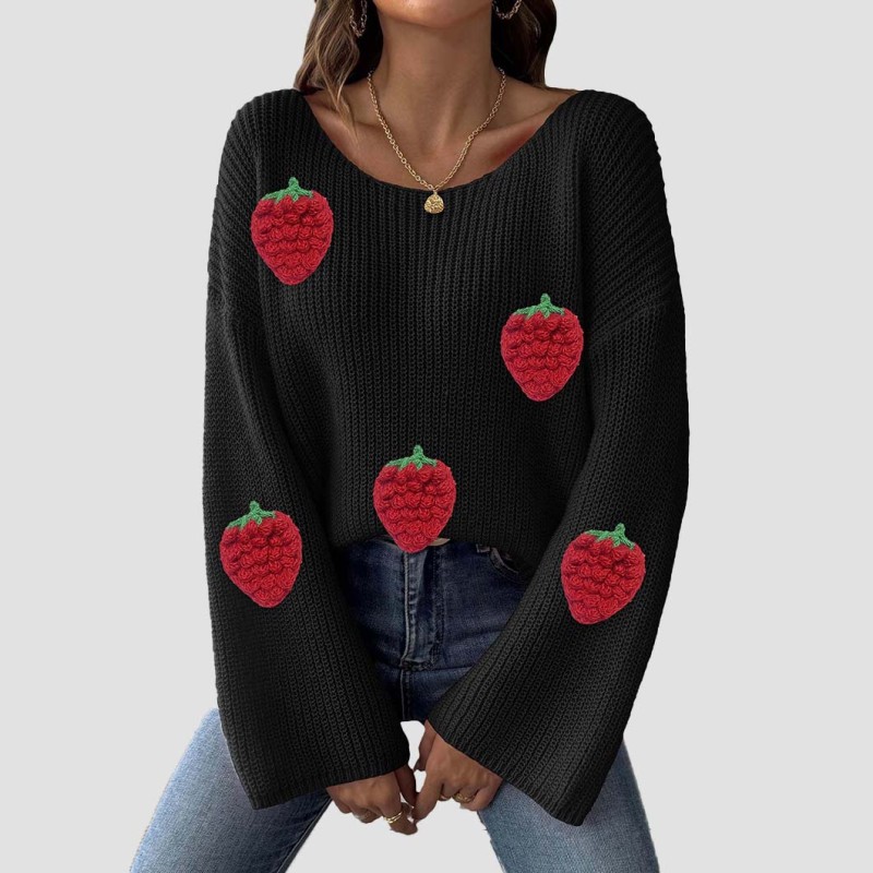 Strawberry three-dimensional patchwork sweater casual and fashionable sweater V-neck sleeveless flared sleeve sweater