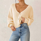 Deep V short-sleeved loose sweater casual and fashionable sweater solid-color button-up cardigan sweater