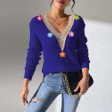 Lace V-neck pullover sweater casual and fashionable sweater hand-knitted patchwork floral base layer sweater