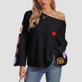 One-shoulder loose cardigan with a V-neck sweater casual and fashionable sweater multi-color crochet pullover sweater
