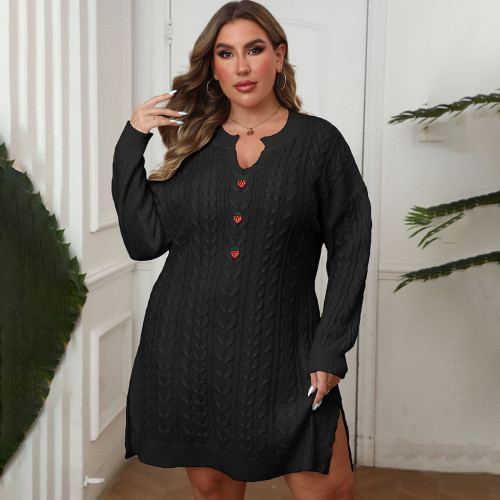 V-neck twisted machine-knitted sweater casual and fashionable sweater solid-color strawberry-buttoned three-dimensional decorative sweater