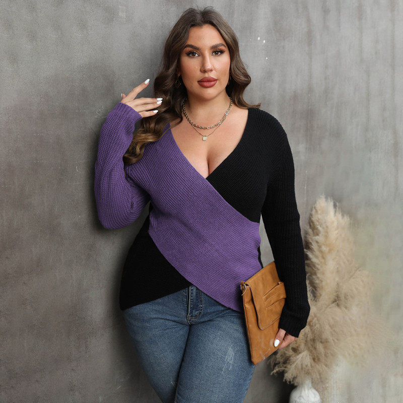 Fall and winter oversized sweater casual and fashionable sweater color-blocked deep V cross-over sexy sweater