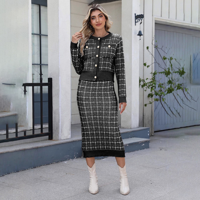 Contrasting color checkered sweater casual and fashionable sweater lady's cardigan + hourglass-shaped skirt two-piece sweater set