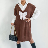 Loose large-sized tank top dress sweater casual and fashionable sweater deep V embroidered butterfly patchwork jacket sweater