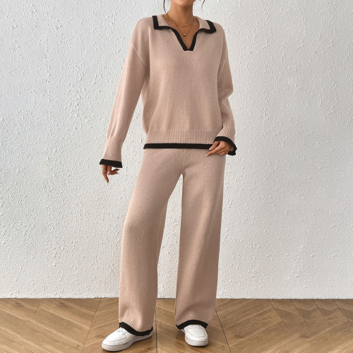 Color-blocked plaid polo-neck cardigan set top with wide-leg casual pants and cardigan set loose and casual cardigan two-piece set