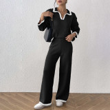 Color-blocked plaid polo-neck cardigan set top with wide-leg casual pants and cardigan set loose and casual cardigan two-piece set