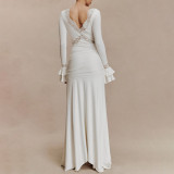 Fall sexy lace V-neck dress high-end fitted long-sleeved dress elegant white dress