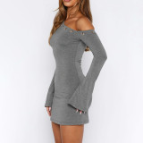Fashionable and sexy off-shoulder dress tight and figure-hugging long-sleeved dress flirty short dress