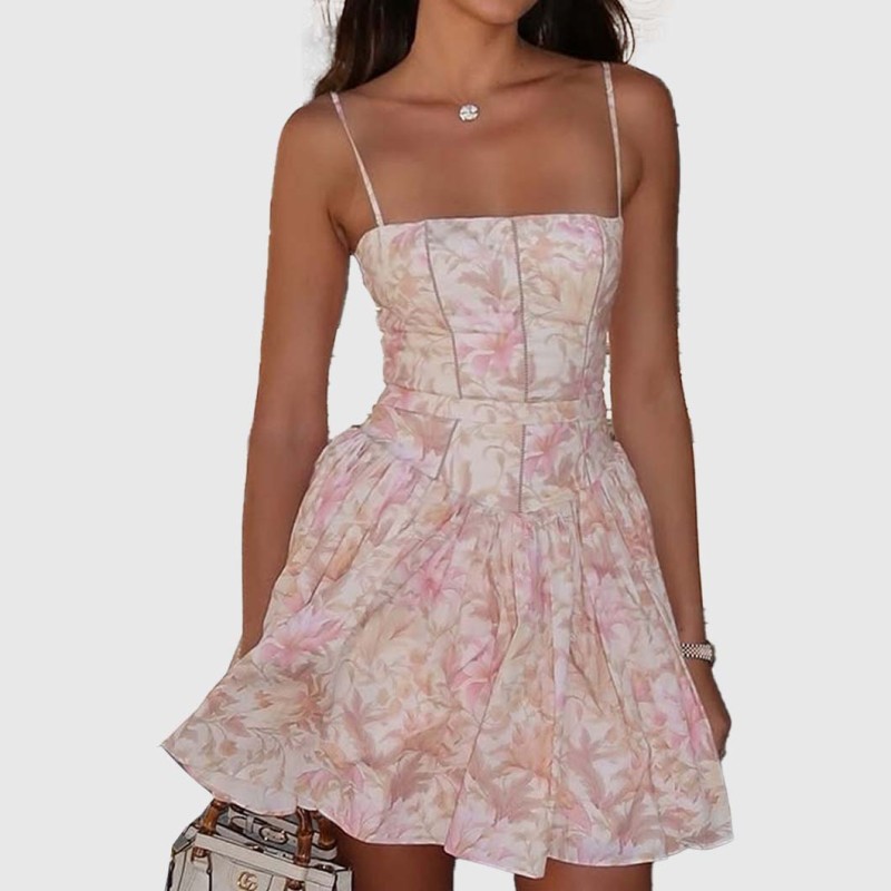 Sexy hot girl dress floral print halter top dress figure-hugging backless beach dress