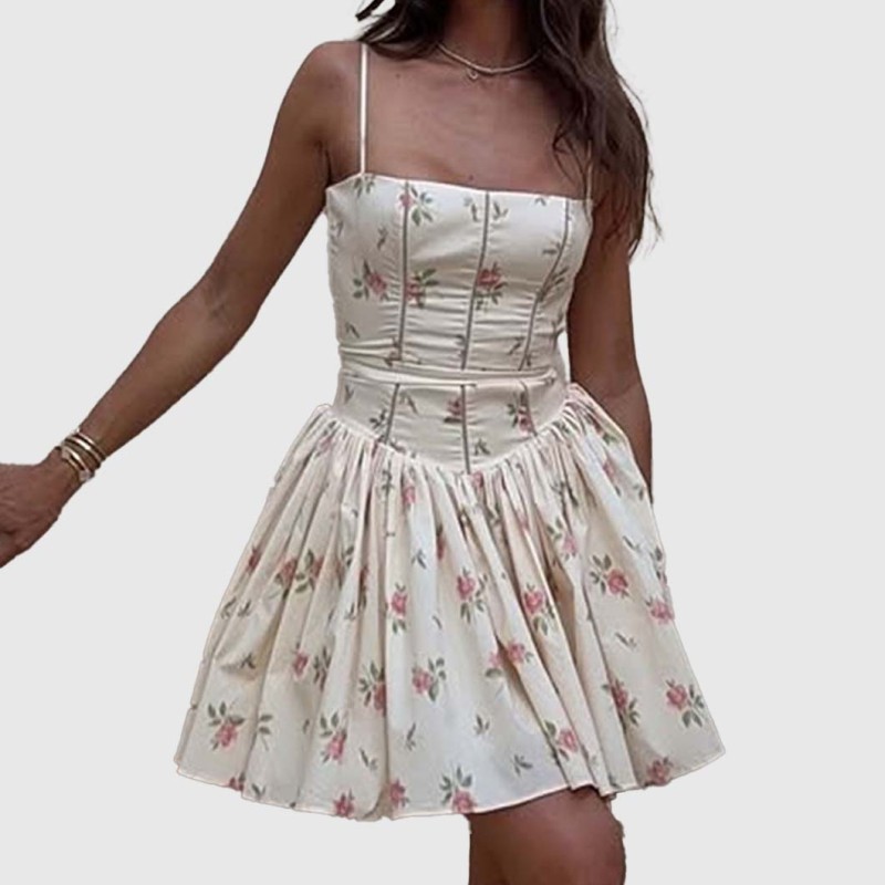 Sexy hot girl dress floral print halter top dress figure-hugging backless beach dress
