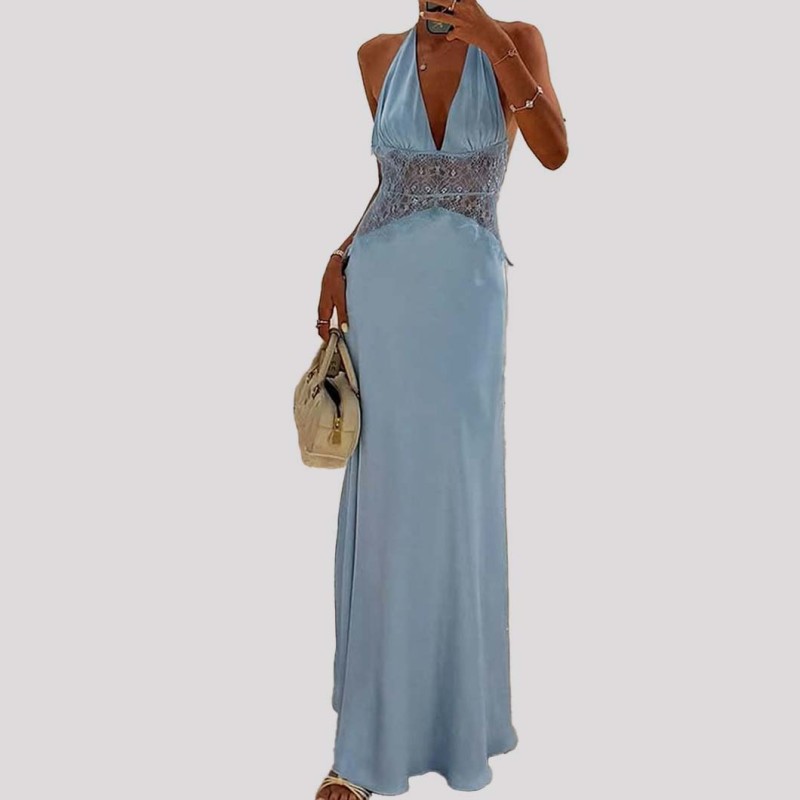Sexy deep V lace sheer dress backless neckline dress blue elegant evening gown long dress
